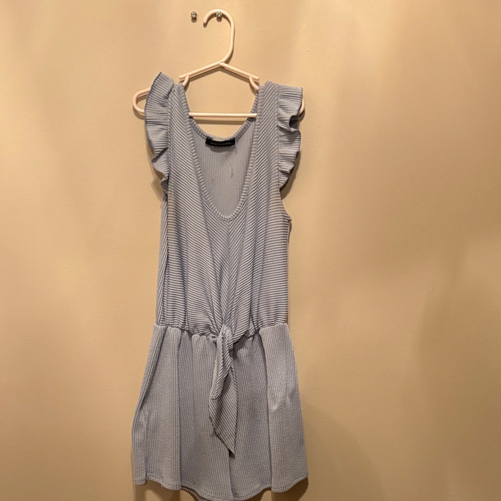 Light Blue Striped Sleeveless Tie-Waist Dress
